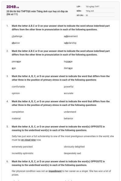 20 Đề thi thử THPTQG môn Tiếng Anh cực hay có đáp án (Đề số 11)