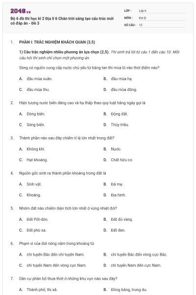 Bộ 6 đề thi học kì 2 Địa lí 6 Chân trời sáng tạo cấu trúc mới có đáp án - Đề 3