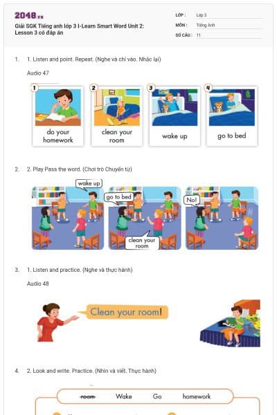 Giải SGK Tiếng anh lớp 3 I-Learn Smart Word Unit 2: Lesson 3 có đáp án