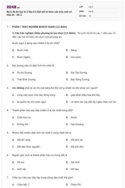 Bộ 6 đề thi học kì 2 Địa lí 6 Kết nối tri thức cấu trúc mới có đáp án - Đề 2