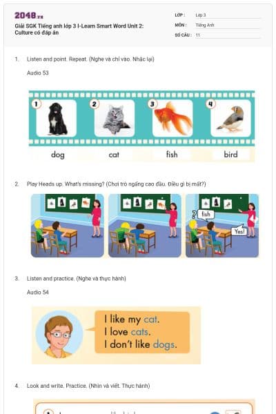 Giải SGK Tiếng anh lớp 3 I-Learn Smart Word Unit 2: Culture có đáp án