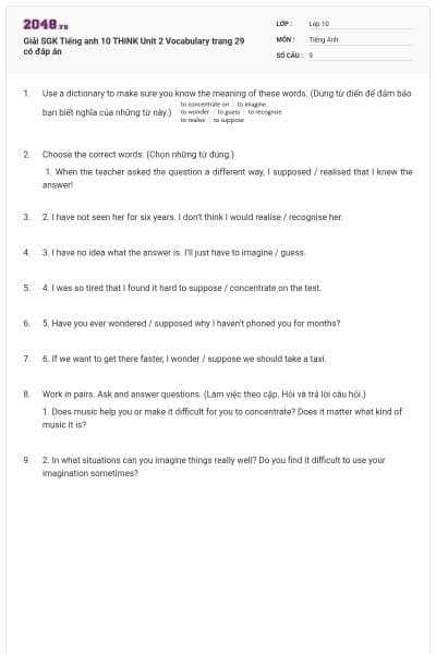 Giải SGK Tiếng anh 10 THiNK Unit 2 Vocabulary trang 29 có đáp án