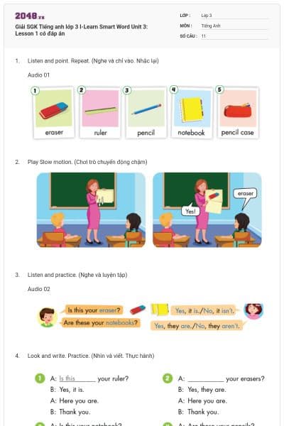 Giải SGK Tiếng anh lớp 3 I-Learn Smart Word Unit 3: Lesson 1 có đáp án