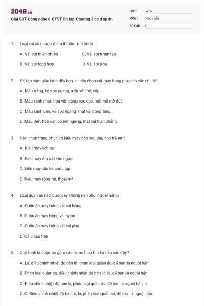 Giải SBT Công nghệ 6 CTST Ôn tập Chương 3 có đáp án