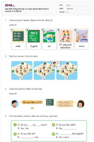 Giải SGK Tiếng anh lớp 3 I-Learn Smart Word Unit 3: Lesson 2 có đáp án