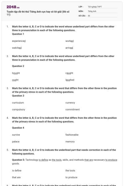 Tuyển tập đề thi thử Tiếng Anh cực hay có lời giải (Đề số 11)