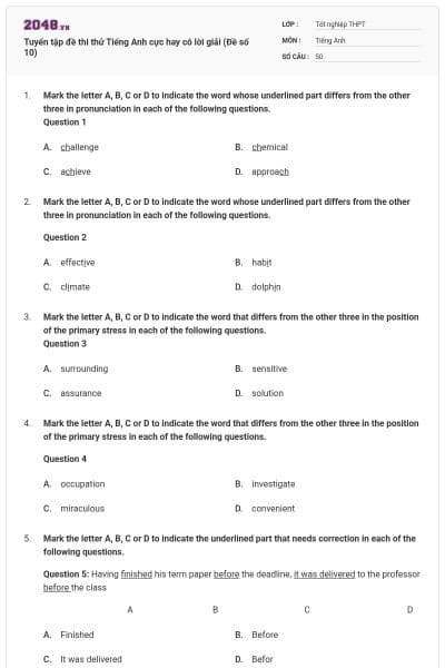Tuyển tập đề thi thử Tiếng Anh cực hay có lời giải (Đề số 10)