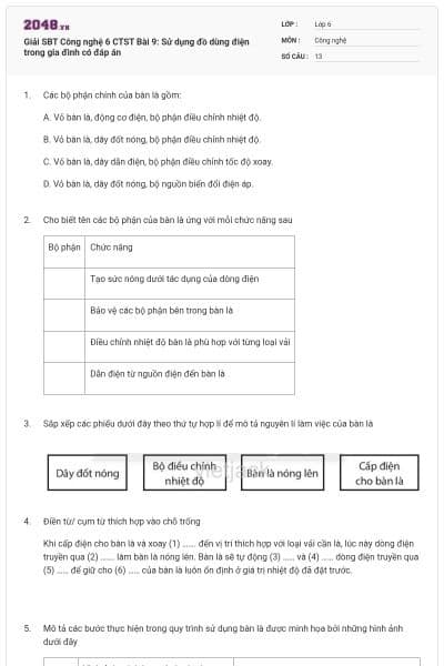 Giải SBT Công nghệ 6 CTST Bài 9: Sử dụng đồ dùng điện trong gia đình có đáp án