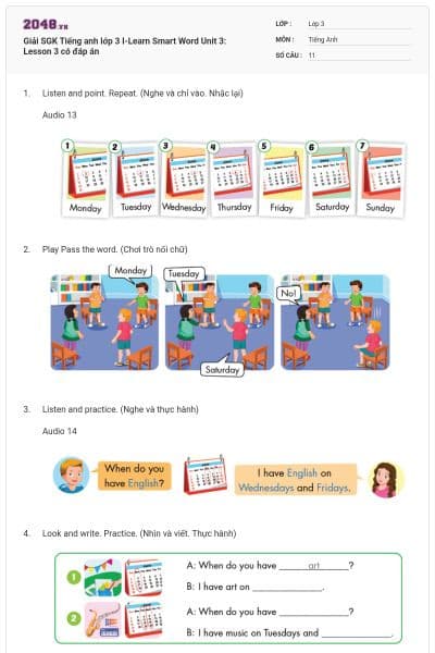 Giải SGK Tiếng anh lớp 3 I-Learn Smart Word Unit 3: Lesson 3 có đáp án