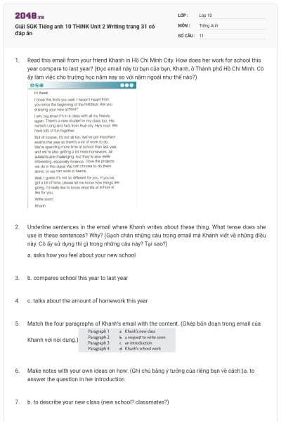 Giải SGK Tiếng anh 10 THiNK Unit 2 Writing trang 31 có đáp án
