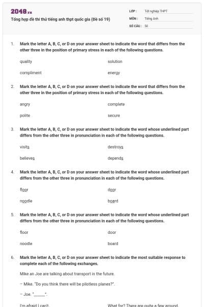 Tổng hợp đề thi thử tiếng anh thpt quốc gia (Đề số 19)