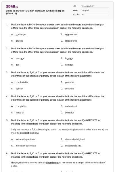 20 Đề thi thử THPTQG môn Tiếng Anh cực hay có đáp án (Đề số 11)