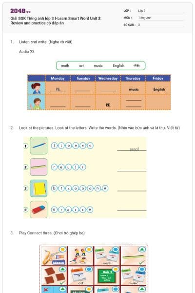 Giải SGK Tiếng anh lớp 3 I-Learn Smart Word Unit 3: Review and practice có đáp án