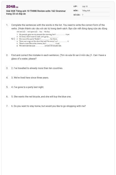 Giải SGK Tiếng anh 10 THiNK Review units 1&2 Grammar trang 33 có đáp án