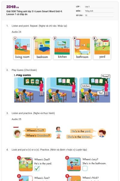 Giải SGK Tiếng anh lớp 3 I-Learn Smart Word Unit 4: Lesson 1 có đáp án