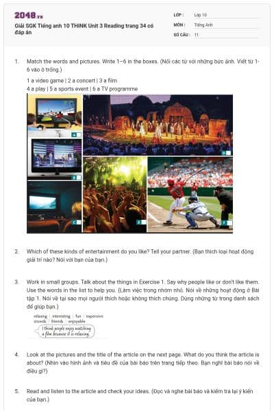 Giải SGK Tiếng anh 10 THiNK Unit 3 Reading trang 34 có đáp án