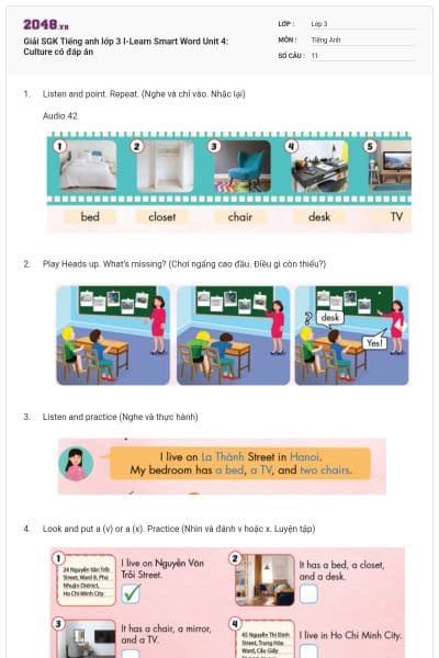 Giải SGK Tiếng anh lớp 3 I-Learn Smart Word Unit 4: Culture có đáp án