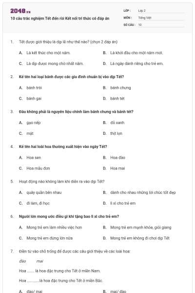 10 câu trắc nghiệm Tết đến rồi Kết nối tri thức có đáp án