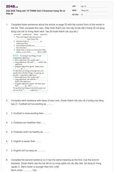 Giải SGK Tiếng anh 10 THiNK Unit 3 Grammar trang 36 có đáp án