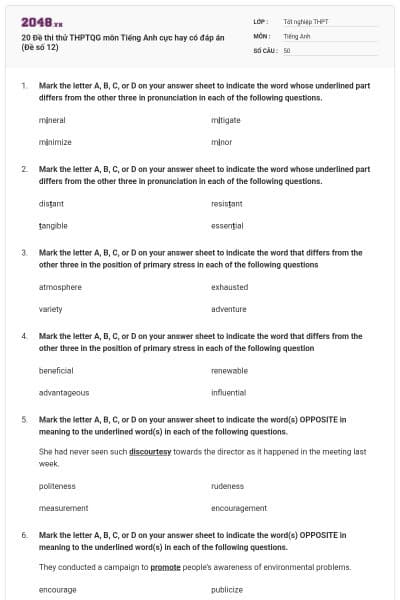 20 Đề thi thử THPTQG môn Tiếng Anh cực hay có đáp án (Đề số 12)