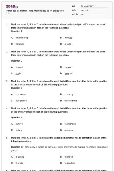 Tuyển tập đề thi thử Tiếng Anh cực hay có lời giải (Đề số 11)