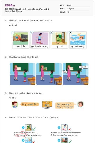 Giải SGK Tiếng anh lớp 3 I-Learn Smart Word Unit 5: Lesson 3 có đáp án