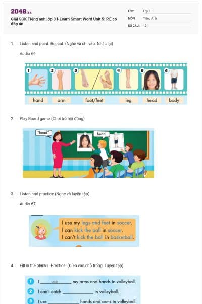 Giải SGK Tiếng anh lớp 3 I-Learn Smart Word Unit 5: P.E có đáp án