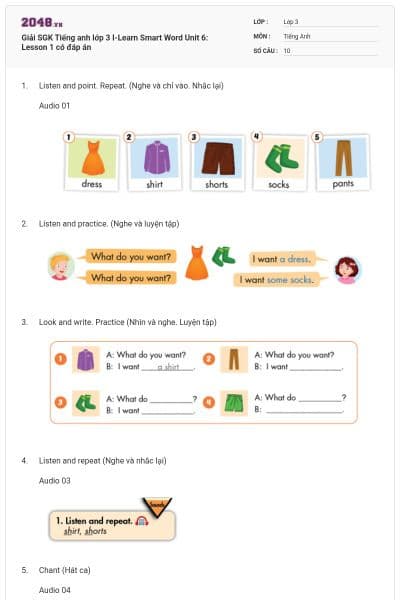 Giải SGK Tiếng anh lớp 3 I-Learn Smart Word Unit 6: Lesson 1 có đáp án