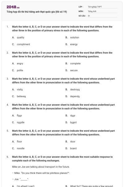 Tổng hợp đề thi thử tiếng anh thpt quốc gia (Đề số 19)