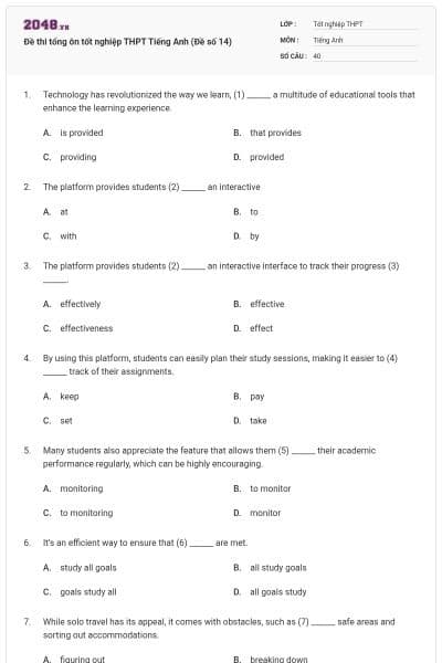 Đề thi tổng ôn tốt nghiệp THPT Tiếng Anh (Đề số 14)