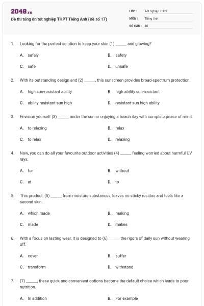 Đề thi tổng ôn tốt nghiệp THPT Tiếng Anh (Đề số 17)