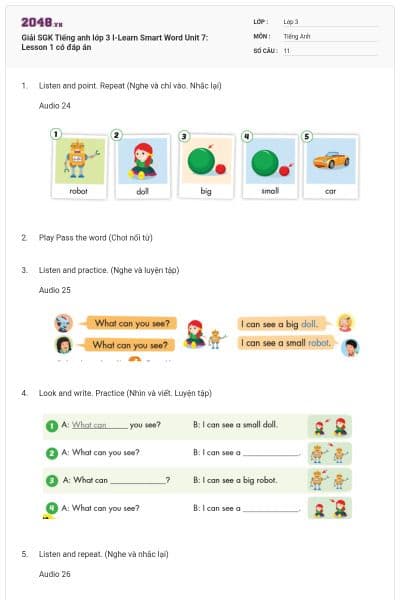 Giải SGK Tiếng anh lớp 3 I-Learn Smart Word Unit 7: Lesson 1 có đáp án