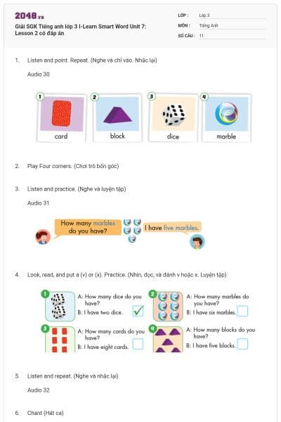 Giải SGK Tiếng anh lớp 3 I-Learn Smart Word Unit 7: Lesson 2 có đáp án