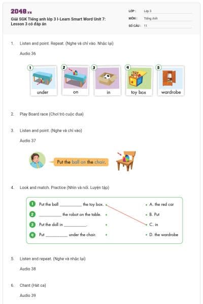 Giải SGK Tiếng anh lớp 3 I-Learn Smart Word Unit 7: Lesson 3 có đáp án