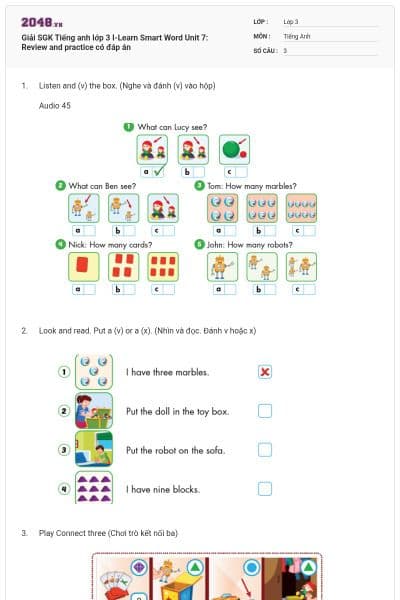 Giải SGK Tiếng anh lớp 3 I-Learn Smart Word Unit 7: Review and practice có đáp án