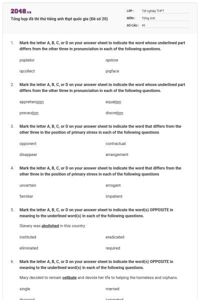 Tổng hợp đề thi thử tiếng anh thpt quốc gia (Đề số 20)