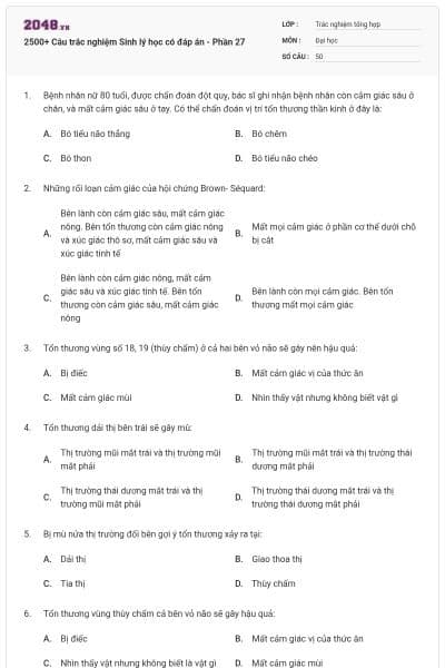 2500+ Câu trắc nghiệm Sinh lý học có đáp án - Phần 27