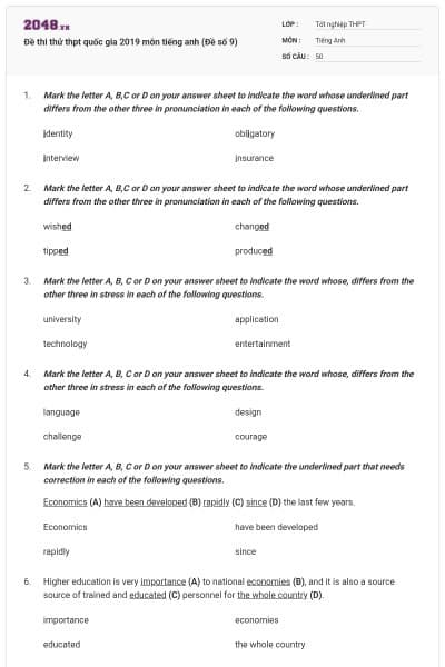 Đề thi thử thpt quốc gia 2019 môn tiếng anh (Đề số 9)