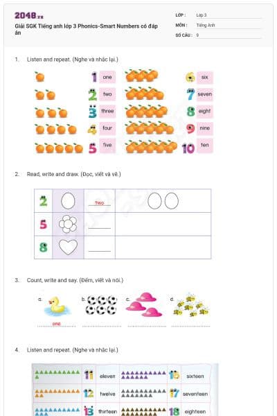 Giải SGK Tiếng anh lớp 3 Phonics-Smart Numbers có đáp án