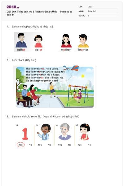 Giải SGK Tiếng anh lớp 3 Phonics-Smart Unit 1: Phonics có đáp án