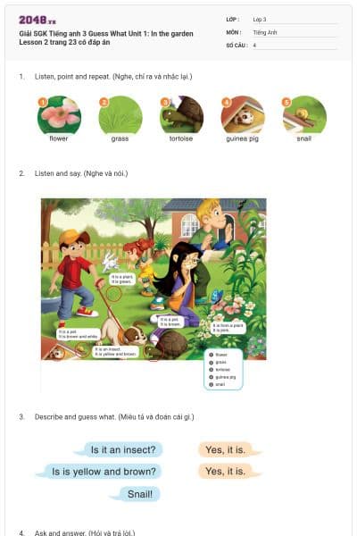 Giải SGK Tiếng anh 3 Guess What Unit 1: In the garden Lesson 2 trang 23 có đáp án