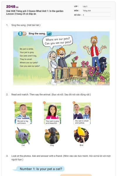 Giải SGK Tiếng anh 3 Guess What Unit 1: In the garden Lesson 3 trang 24 có đáp án