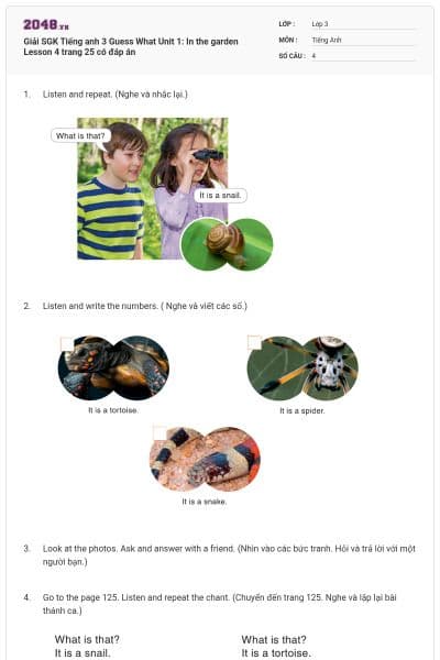 Giải SGK Tiếng anh 3 Guess What Unit 1: In the garden Lesson 4 trang 25 có đáp án