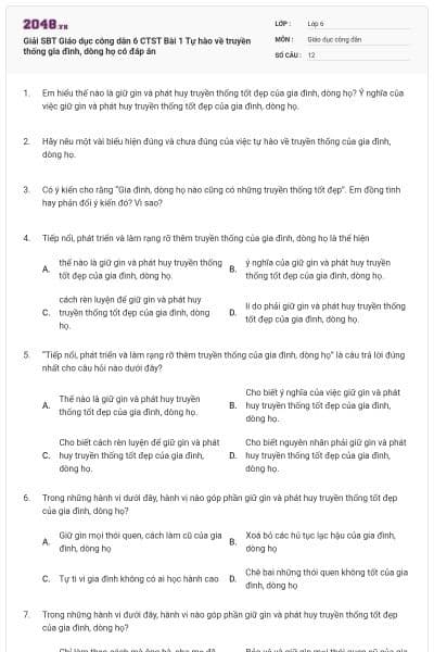 Giải SBT Giáo dục công dân 6 CTST Bài 1 Tự hào về truyền thống gia đình, dòng họ có đáp án