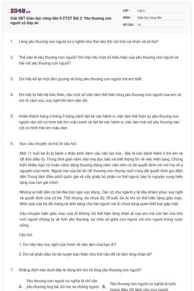 Giải SBT Giáo dục công dân 6 CTST Bài 2: Yêu thương con người có đáp án