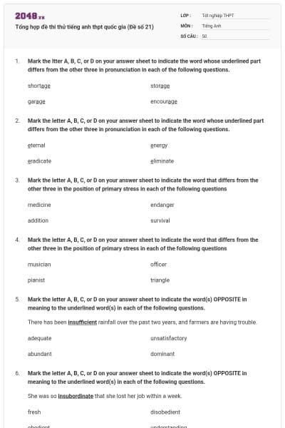 Tổng hợp đề thi thử tiếng anh thpt quốc gia (Đề số 21)