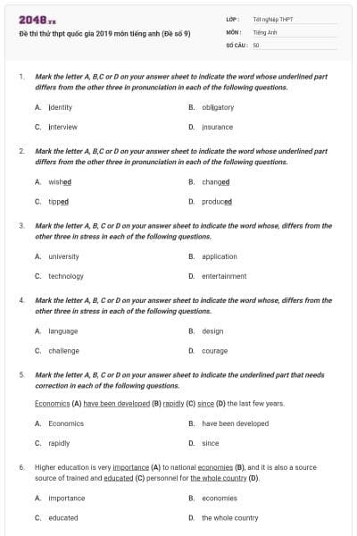 Đề thi thử thpt quốc gia 2019 môn tiếng anh (Đề số 9)