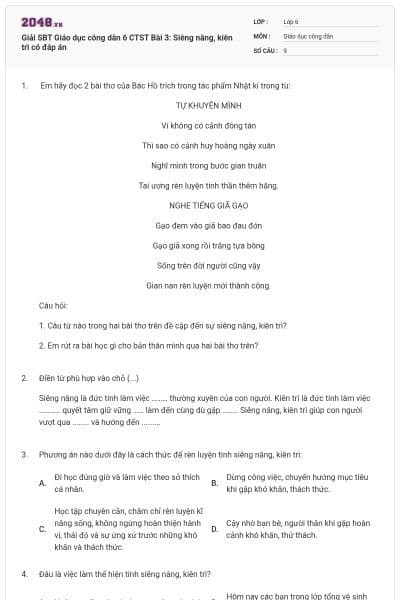 Giải SBT Giáo dục công dân 6 CTST Bài 3: Siêng năng, kiên trì có đáp án