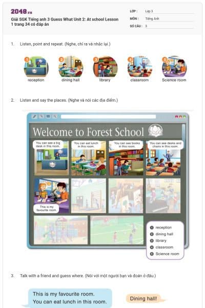 Giải SGK Tiếng anh 3 Guess What Unit 2: At school Lesson 1 trang 34 có đáp án