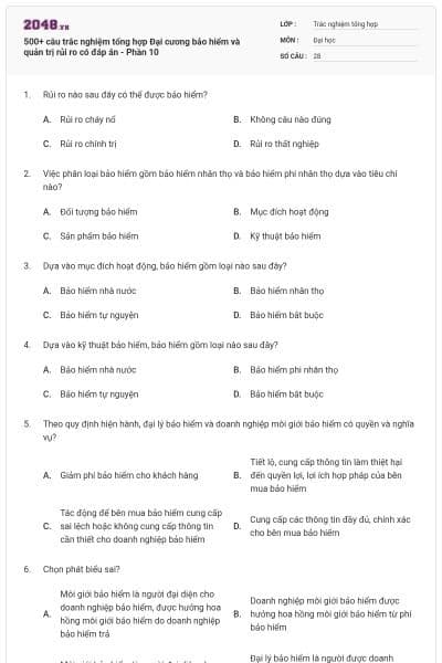 500+ câu trắc nghiệm tổng hợp Đại cương bảo hiểm và quản trị rủi ro có đáp án - Phần 10